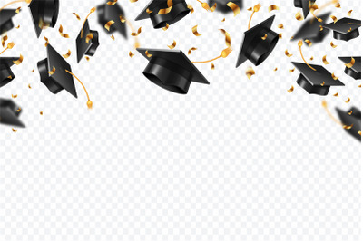 Graduation caps confetti. Flying students hats with golden ribbons iso