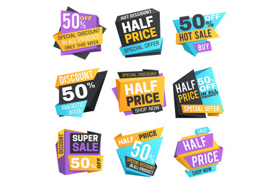 Half price labels. Super 50 off discount sale pricing tags. Vector set