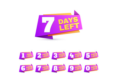 Days left. Countdown day to go numbers. Offer sale business sign vecto