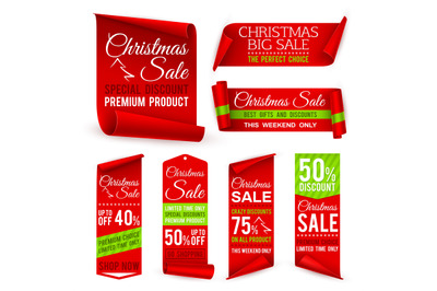 Christmas ribbons. Xmas holiday red fabric sale banners with discount