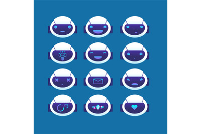 Chatbot avatar. Chat bot head with different emotions and symbols on f