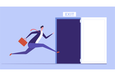 Businessman run to open exit door. Emergency escape and evacuation fro