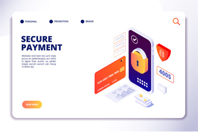 Secure payment isometric concept. Mobile online security cash payments