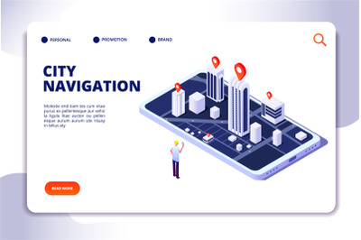 Gps isometric concept. Navigation city 3d map mobile phone, phone trac