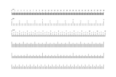 Ruler scale. Inch and cm measuring scales. Horizontal calibration prec