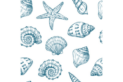 Seashells seamless pattern. Sea shell summer ocean texture. Nautical s