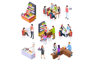 Isometric restaurant. Waiters and people eating lunch at tables in caf