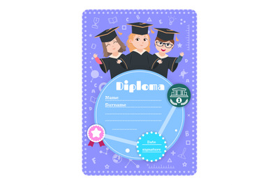 Graduate kids diploma. Preschool kindergarten children graduation cert