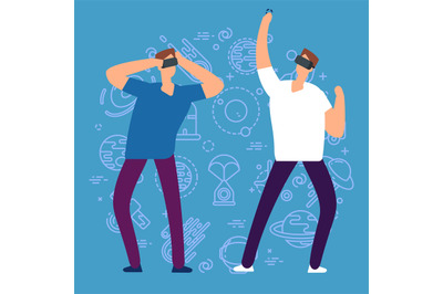 Cartoon character men with virtual reality glasses vector illustration