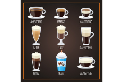 Coffee types flat vector collection americano and latte