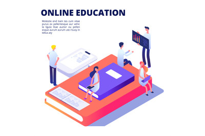 Online education isometric vector concept with books, students