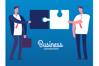 Cartoon businessmen with puzzles. Business cooperation vector concept