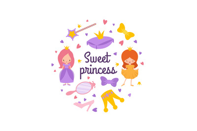 Cartoon character princess vector emblem with crown&2C; magic wand&2C; heart