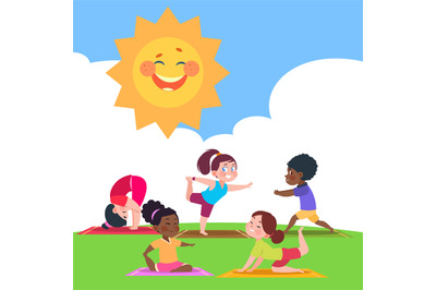 Cute kids doing yoga in the morning in nature vector illustration