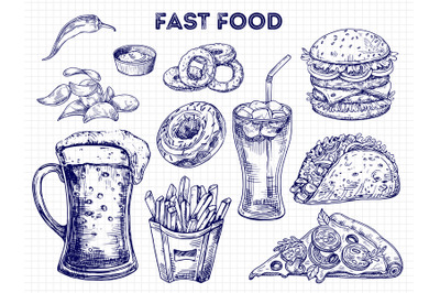 Fast food, snacks and drinks sketches vector illustration