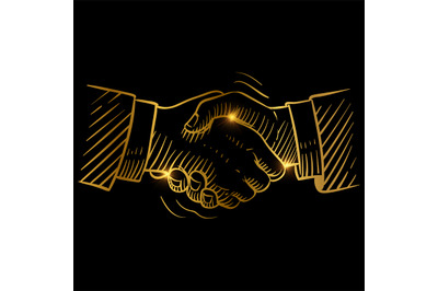 Hand drawn handshake. Businessmen making handshake golden vector desig