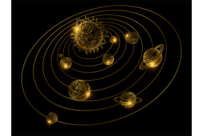 Shine golden solar system with hand drawn planets isolated on black ba