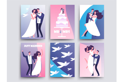 Wedding cards with cartoon characters couples&2C; cake&2C; doves vector temp