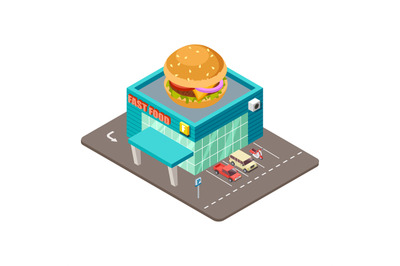 Fast food restaurant. Isometric modern burger house building vector co