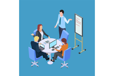 Isometric business meeting or conference with info desk vector illustr