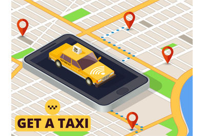 Isometric mobile taxi. Online taxi service and payment with smartphone