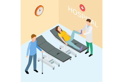Patients and doctor on hospital. Isometric rehabilitation vector conce