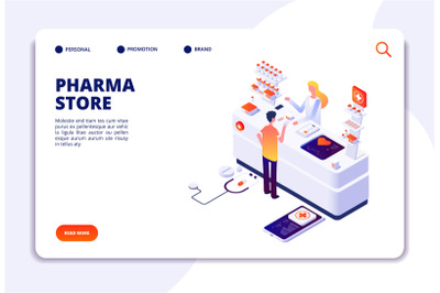 Pharmacy isometric concept. Doctor pharmacist and patient in drugstore