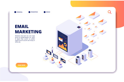 Email marketing isometric concept. Mail automation strategy. Email out