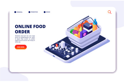 Grocery food delivery isometric concept. Online order with mobile phon