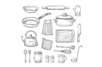 Sketch kitchen tools. Cooking utensils hand drawn kitchenware. Doodle