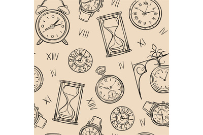 Clock seamless pattern. Sketch time, sketch hourglass and mechanic wat