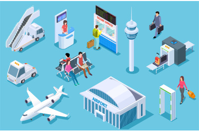 Airport isometric. Passenger luggage&2C; airport terminal. Tower plane pa