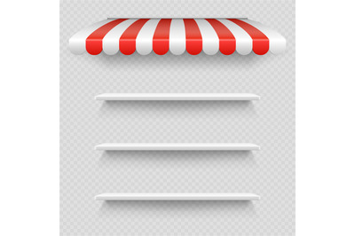 Empty white shop shelf under striped white and red sunshade vector iso