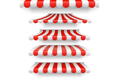 Vector outdoor awnings. Red and white stripes sunshades isolated on wh