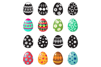 Colorful and black and white easter eggs icons vector set