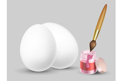 Easter vector background with realistic white eggs, brush and paint