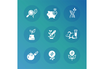 Genetic modification biotechnology and dna research vector icons set