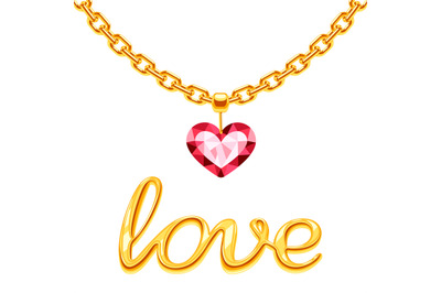 Golden chain with crystall pink heart and gold sign love vector isolat