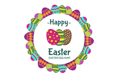 Happy Easter round banner with coloring eggs vector design