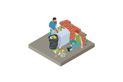 Homeless people, poor people in the trash isometric vector illustratio