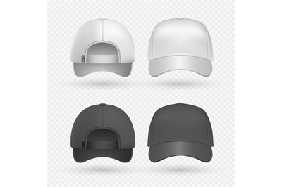 Realistic black and white sport caps isolated on transparent backgroun