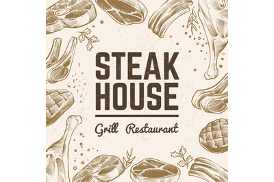 Sketch meat background. Grill food menu. Vintage bbq meat hand drawn v