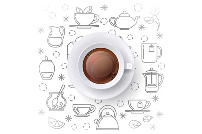 Tea time vector concept with realistic top view cup and outline icons