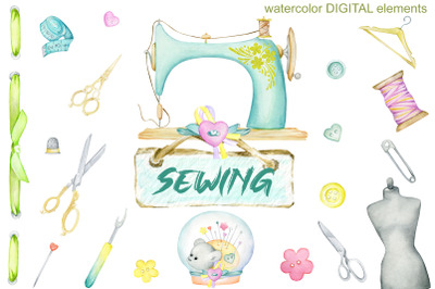 Watercolor sewing kit clipart, sewing machine, scissor, buttons, threa