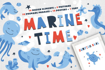 Marine Time kids vector Illustrations and patterns kit