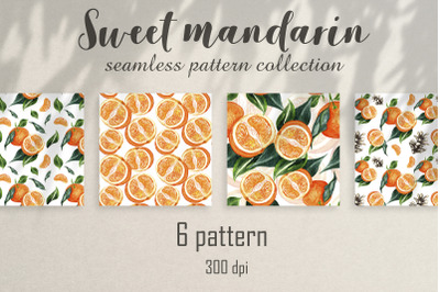 Seamless watercolor pattern with bright mandarin. 6 pattern