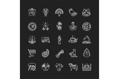 Indian culture chalk white icons set on black background