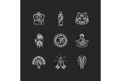 Indian spiritual symbols chalk white icons set on black background