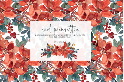 Red Poinsettia Watercolor Christmas Clipart