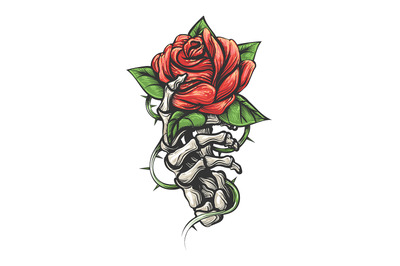 Skeleton Hand Holding Rose Flower Drawn in Vintage Tattoo Style